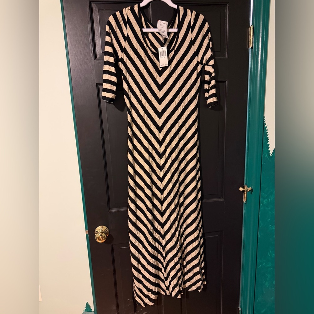 Calvin Klein black and tan striped V-neck maxi dress